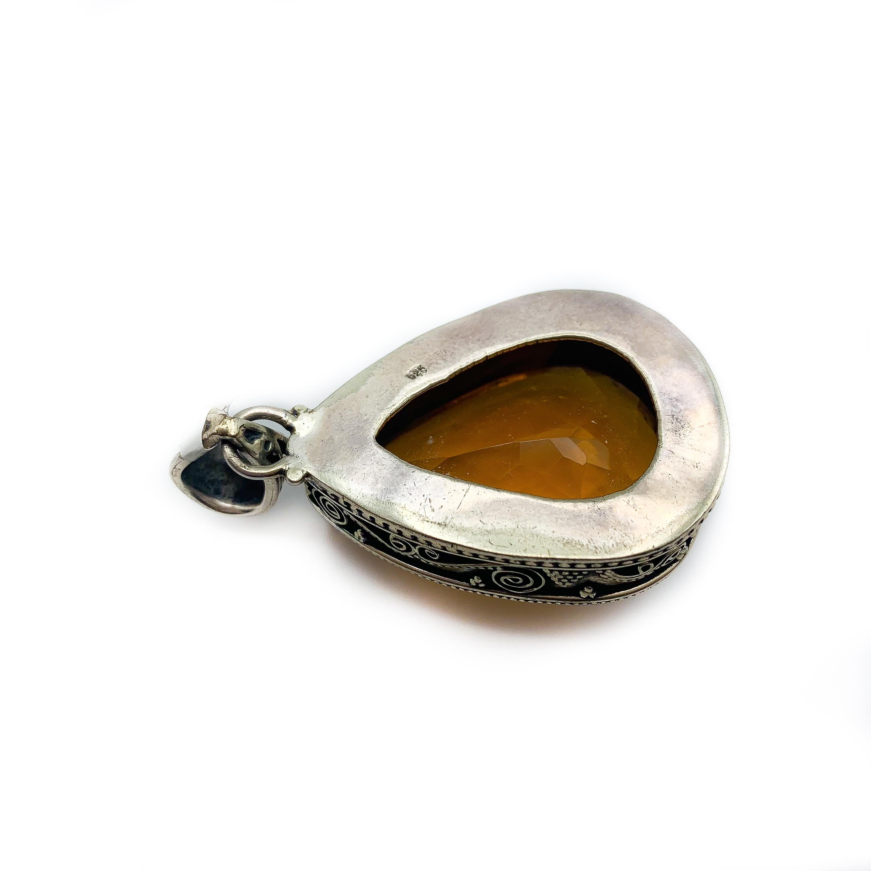 Pear Cut 125 Carat Citrine & Sterling Silver Pendant Hand Made in Bali For Sale