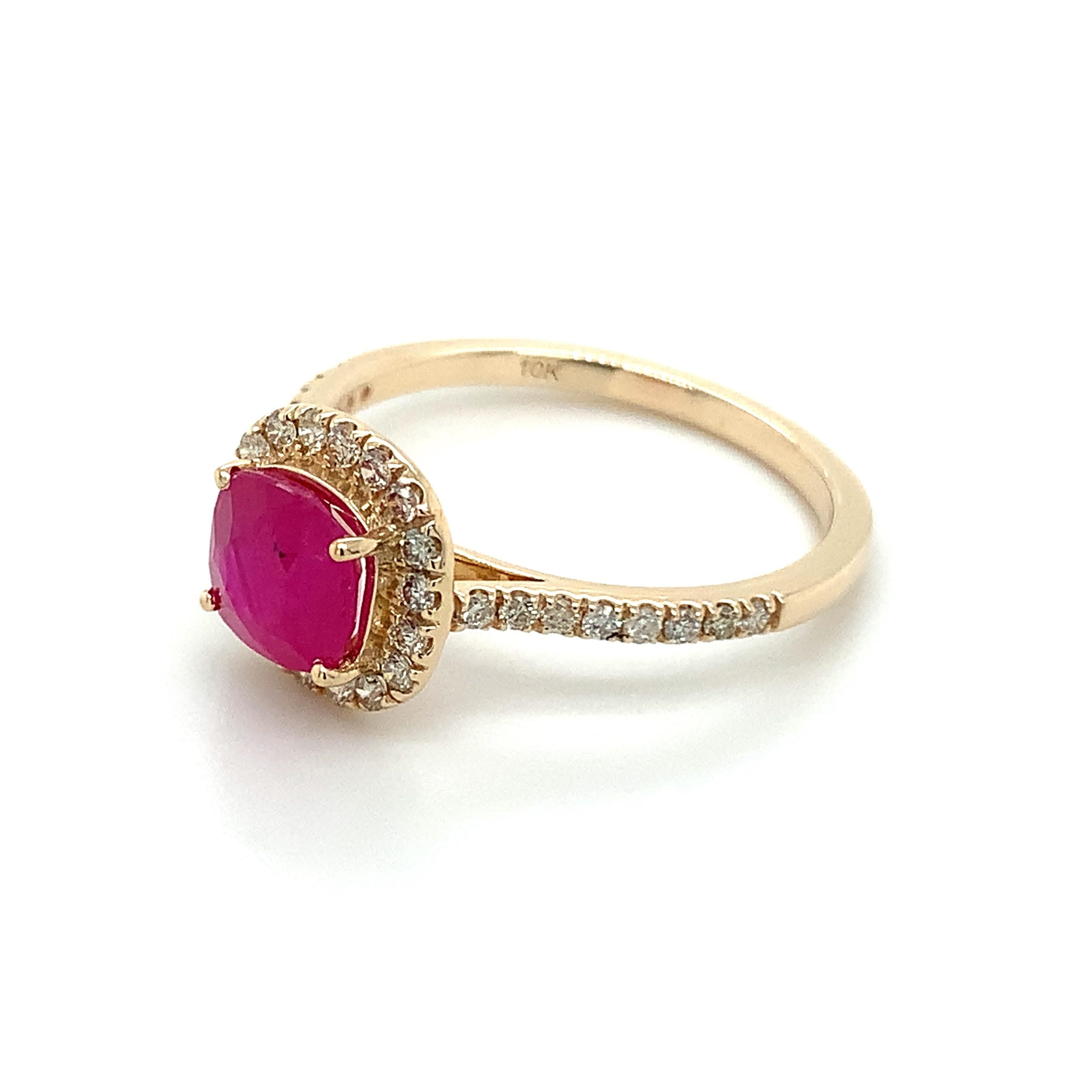 Modern 1.25 Carat Cushion Shape Ruby Ring with Diamonds in 10k Yellow Gold For Sale