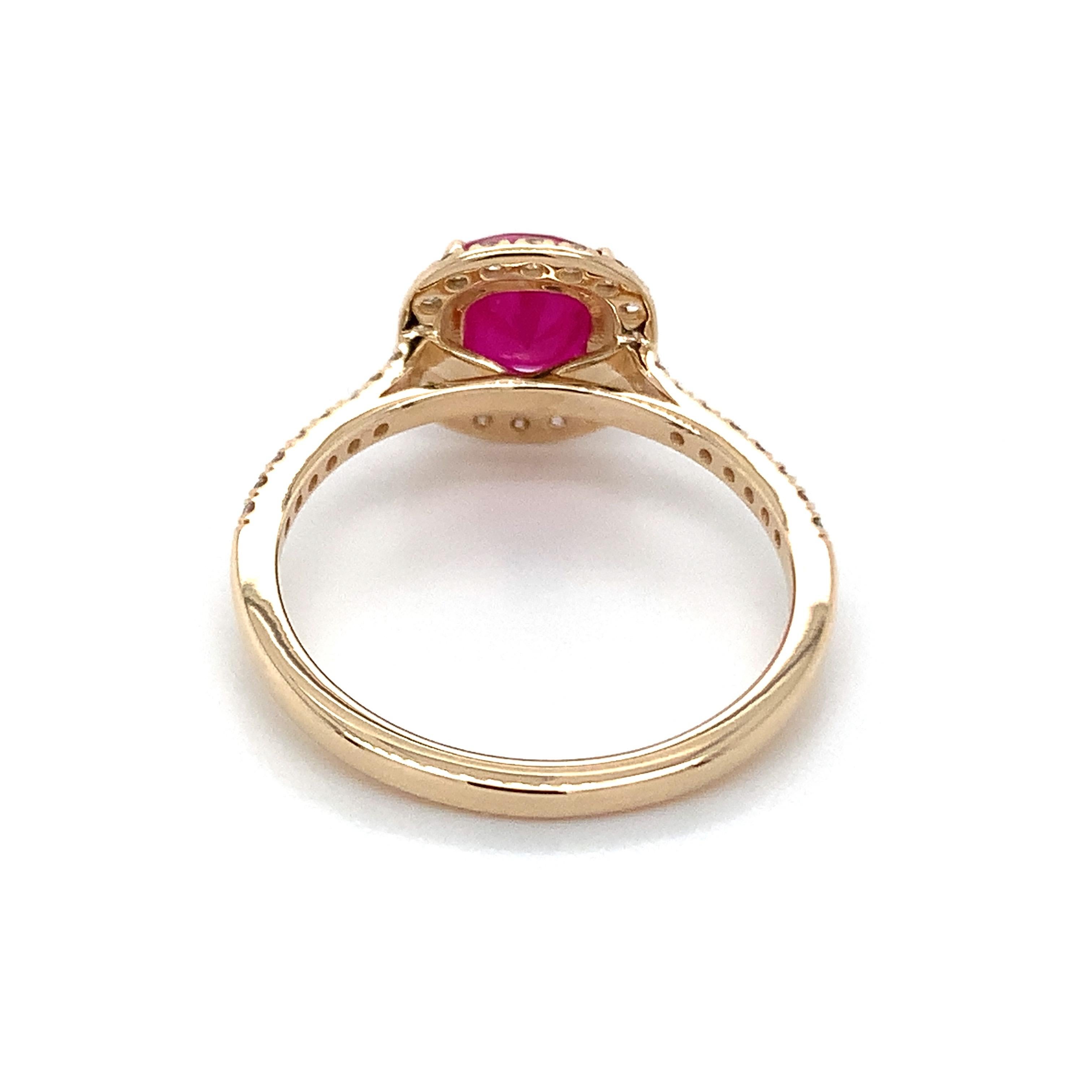 Cushion Cut 1.25 Carat Cushion Shape Ruby Ring with Diamonds in 10k Yellow Gold For Sale