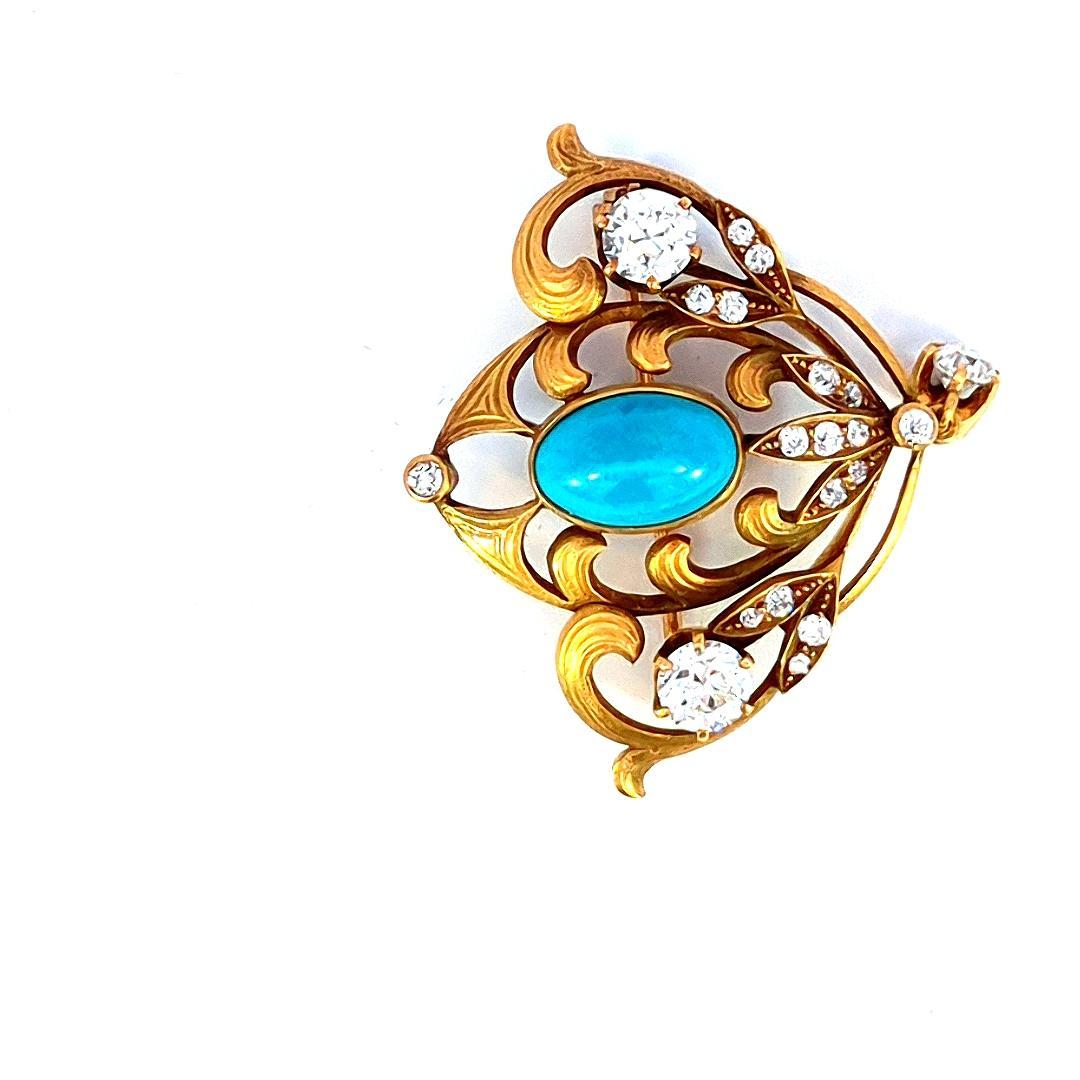 Round Cut 1.25 Carat Diamond and Turquoise Antique Pin 18K Gold For Sale