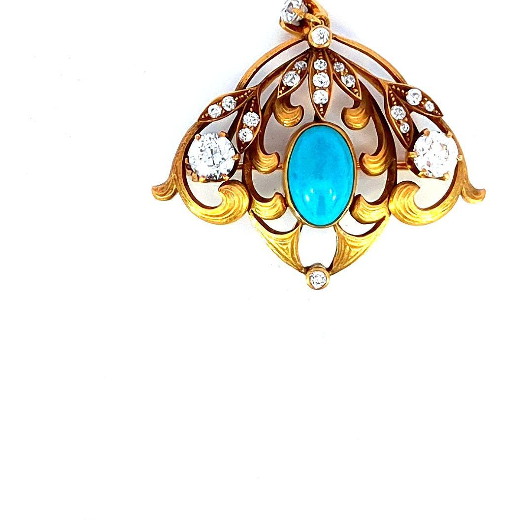 1.25 Carat Diamond and Turquoise Antique Pin 18K Gold In Good Condition For Sale In New York, NY