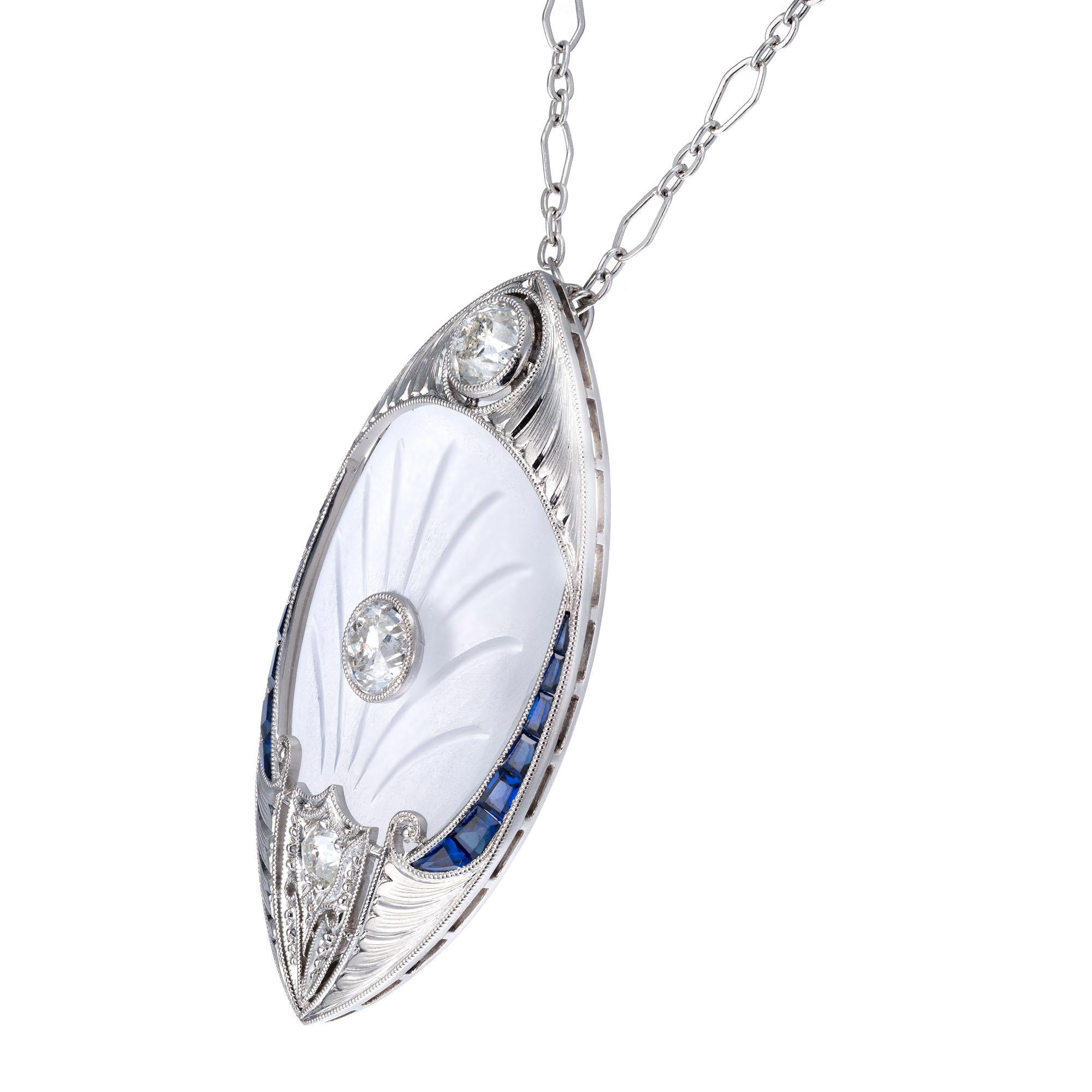 Art Deco platinum old mine cut diamond angel skin quartz pendant necklace accented with graduated sapphire baguettes. Handmade platinum chain with later catch. 17.5 inches. 

3 old mine cut diamonds, I SI-I approx. 1.25 total carat weight
14 step