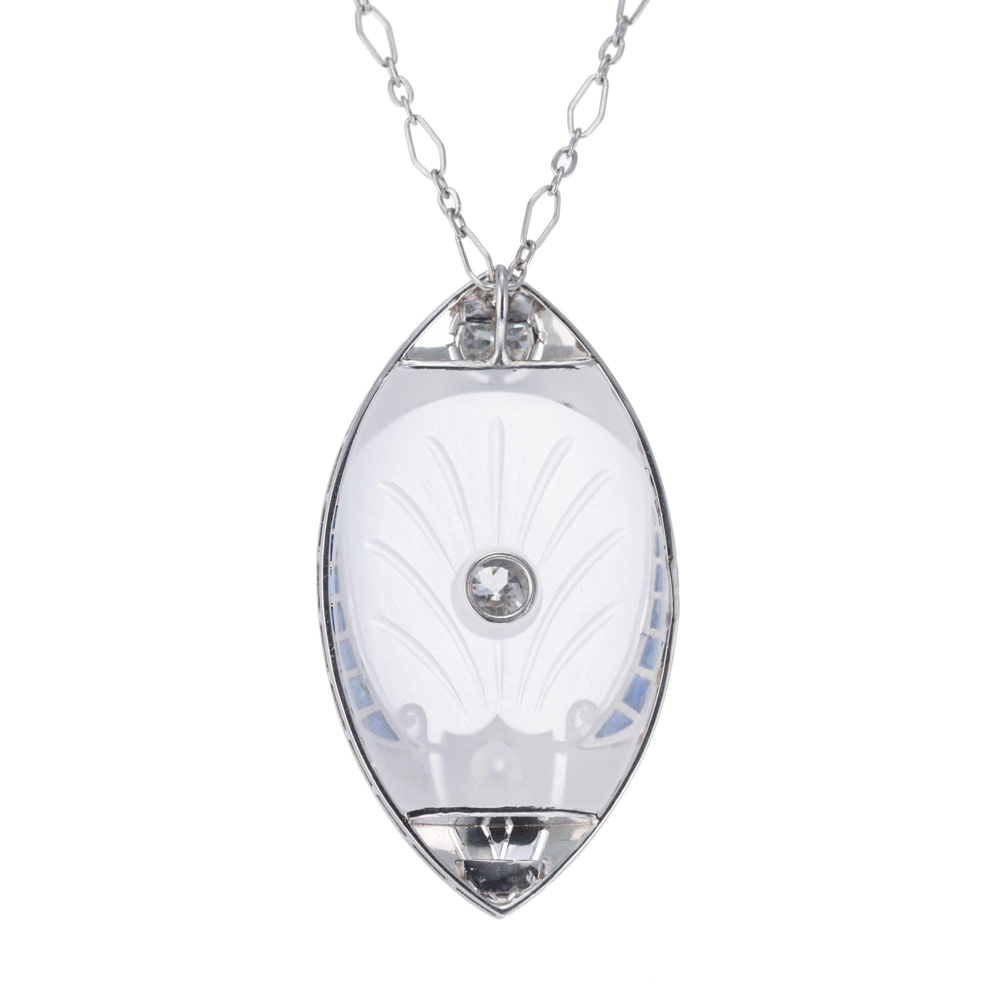 1,25 Karat Diamant Engelshaut Quarz Saphir Art Deco Platin Anhänger Halskette (Alteuropäischer Brillantschliff) im Angebot