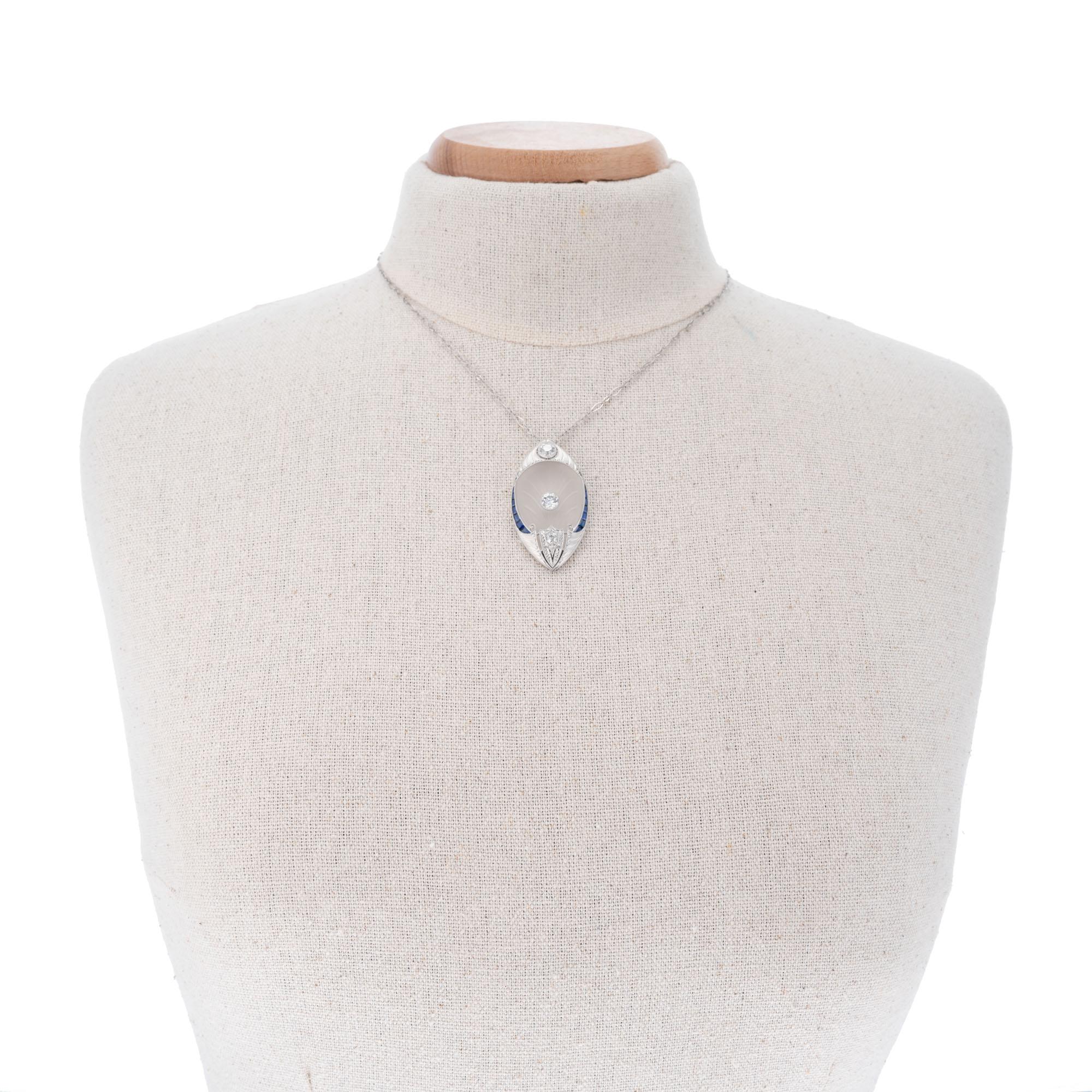 Women's 1.25 Carat Diamond Angel Skin Quartz Sapphire Art Deco Platinum Pendant Necklace For Sale