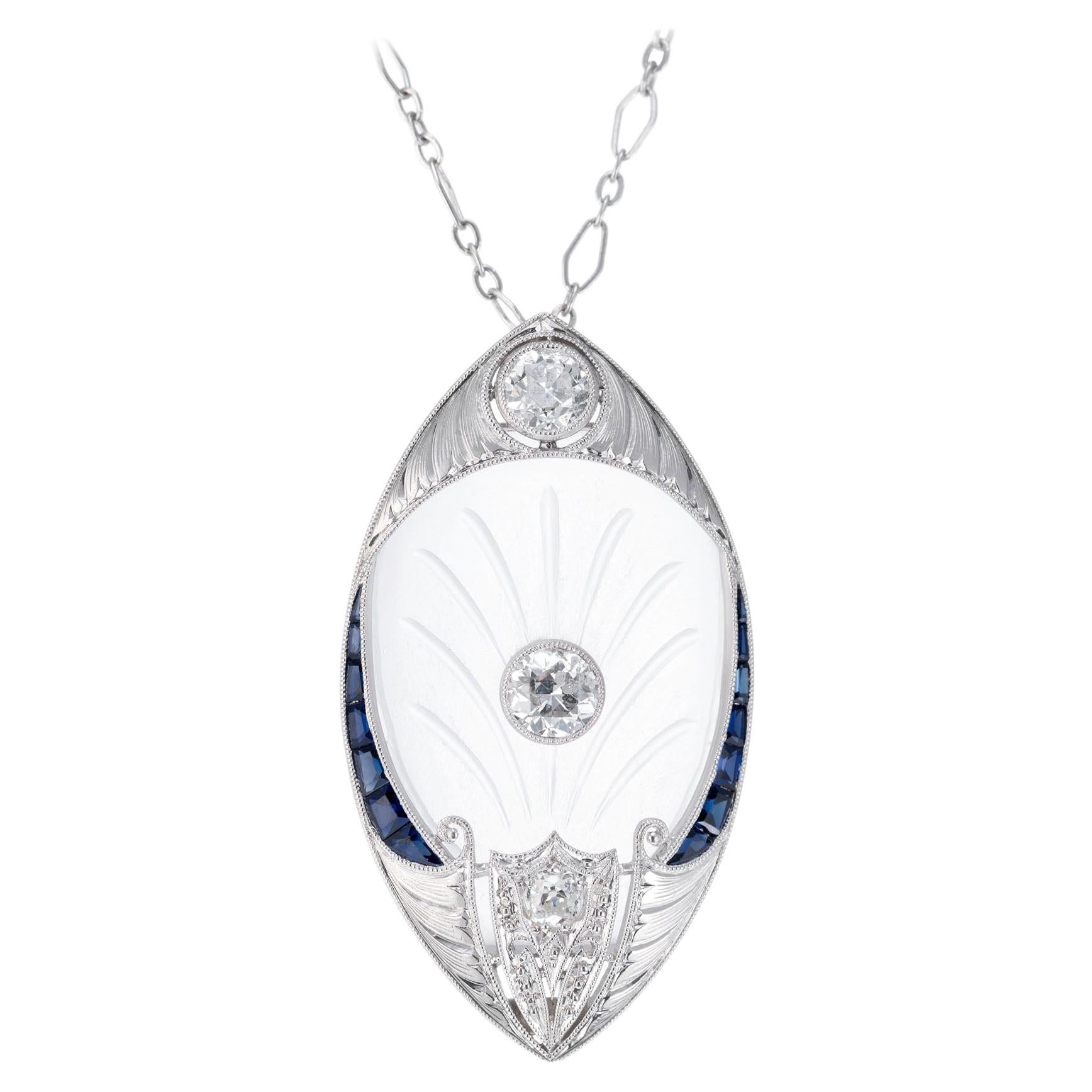 1,25 Karat Diamant Engelshaut Quarz Saphir Art Deco Platin Anhänger Halskette im Angebot