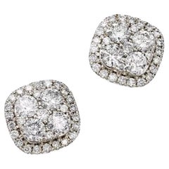 1.25 Carat Diamond Cluster Stud Earrings in 14 Karat White Gold, Round Diamonds