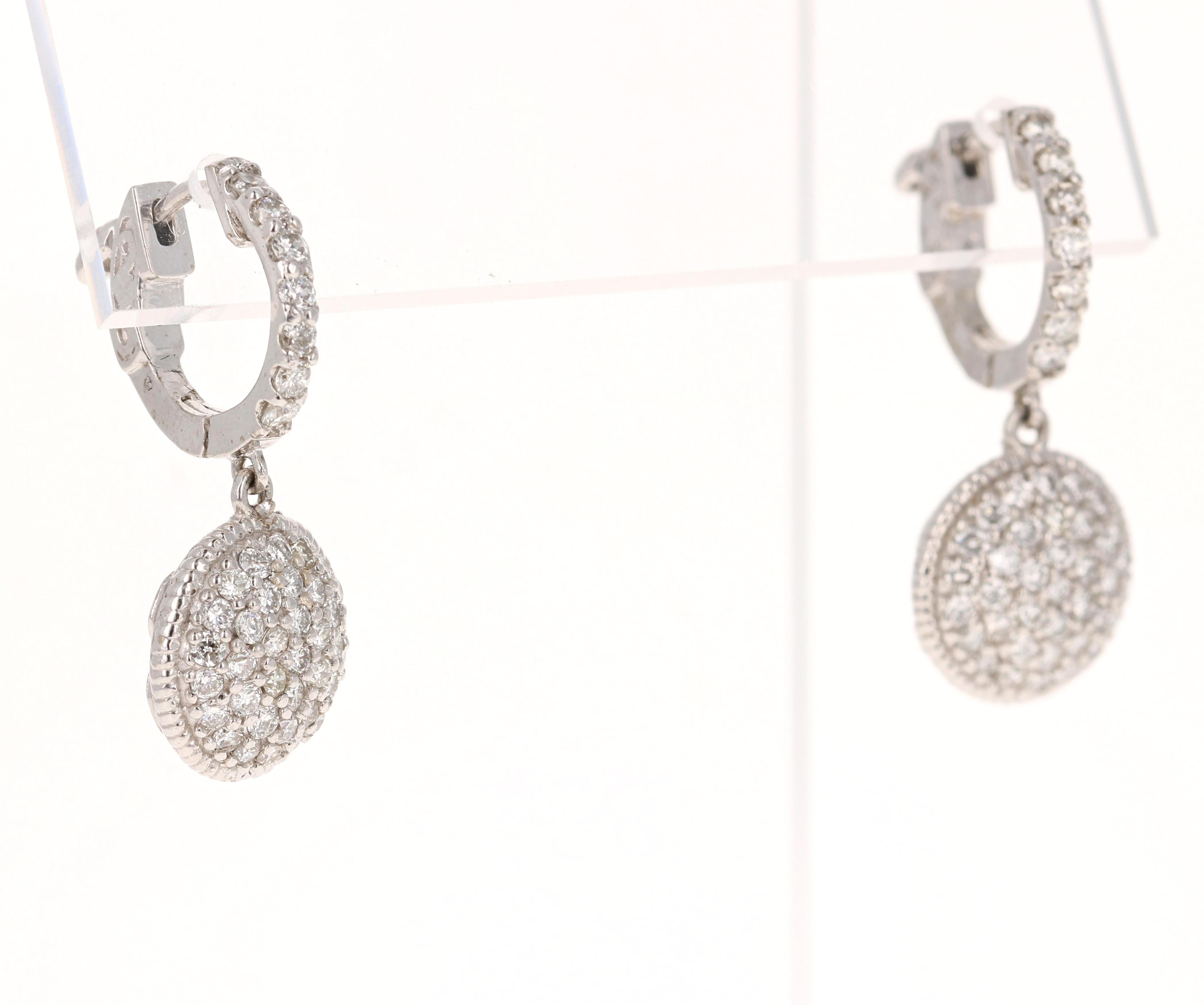 Round Cut 1.25 Carat Diamond Dangling Lever-Back White Gold Earrings For Sale
