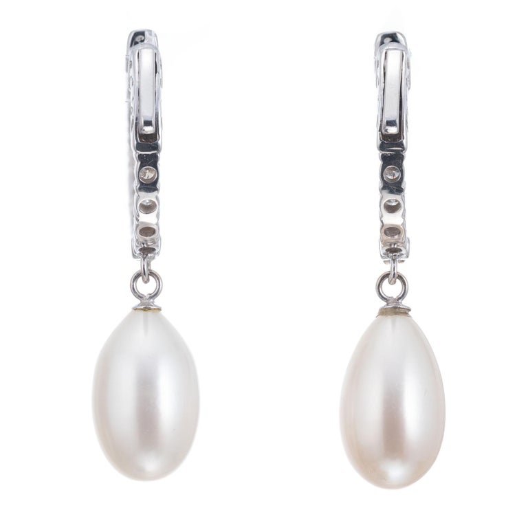 1.25 Carat Diamond Freshwater Pearl White Gold Hoop Dangle Earrings at ...