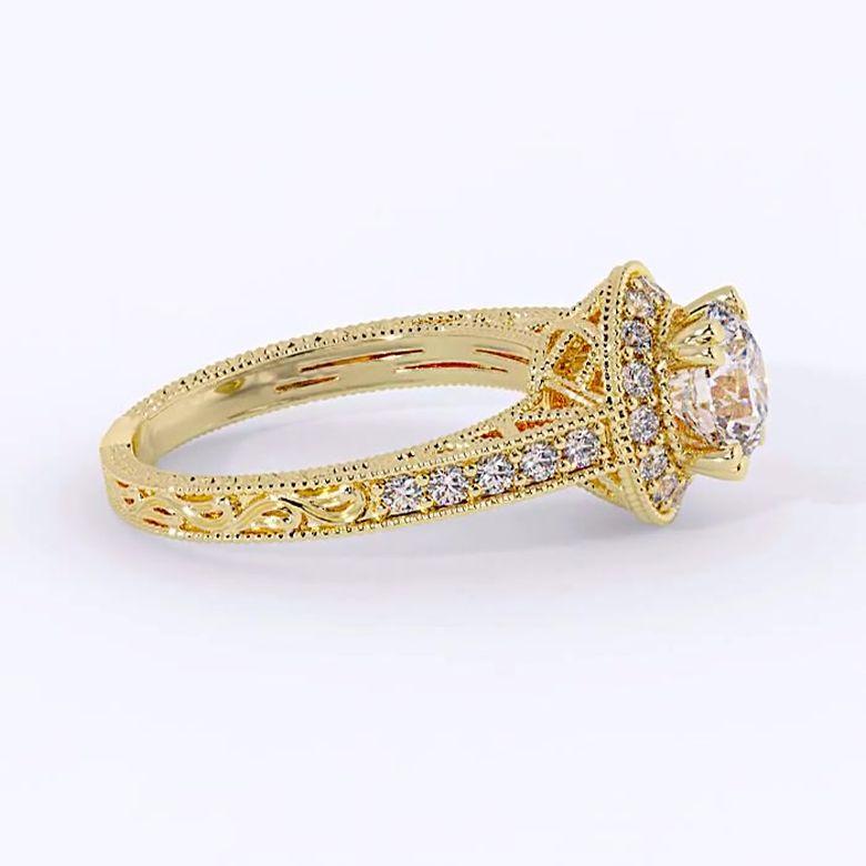 Art Deco 1.25 Carat Diamond Halo Ring with Decorative Band 14K Yellow Gold For Sale