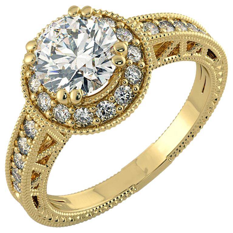 1.25 Carat Diamond Halo Ring with Decorative Band 14K Yellow Gold For Sale