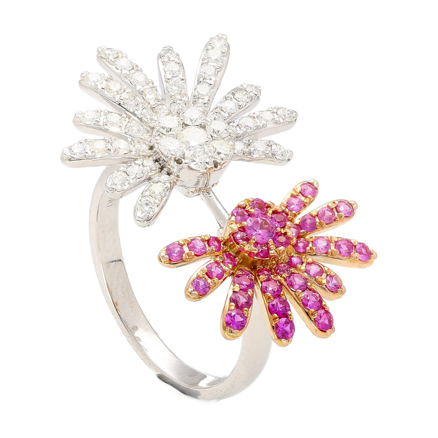 1.25 Carat Diamond & Pink Sapphire Floral Open Toi Et Moi 18K Ring In New Condition For Sale In Miami, FL