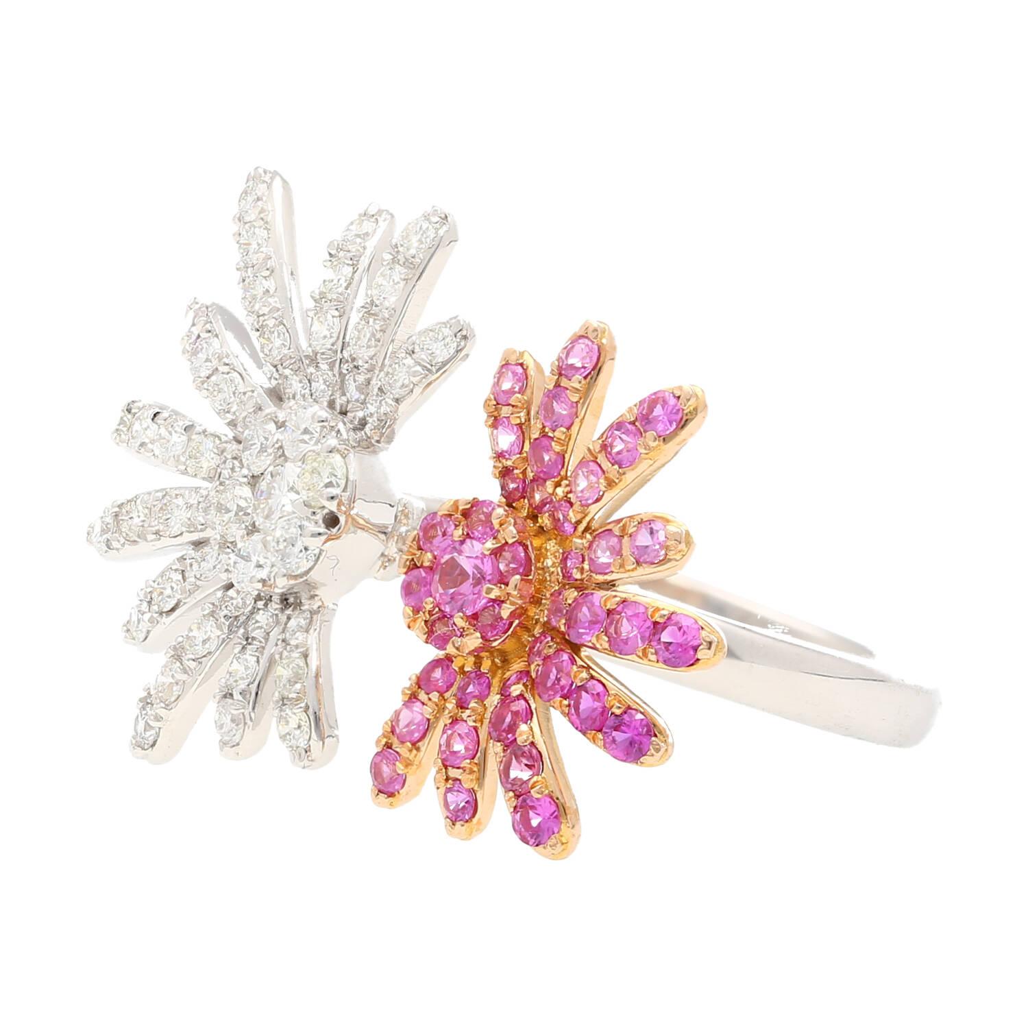 Women's 1.25 Carat Diamond & Pink Sapphire Floral Open Toi Et Moi 18K Ring For Sale