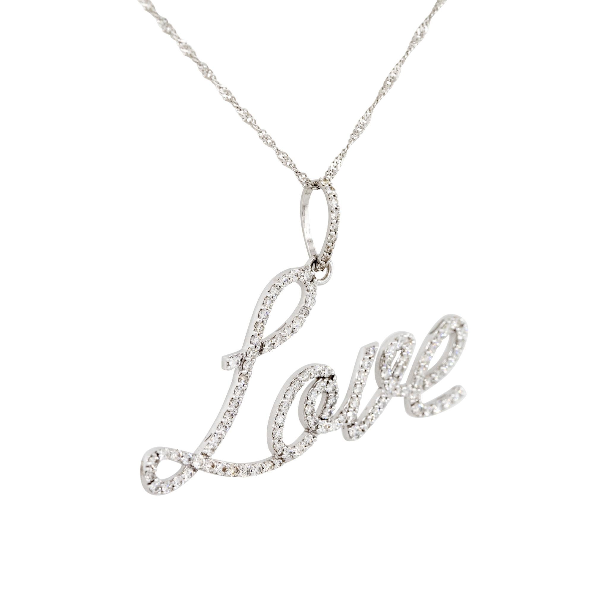 Modern 1.25 Carat Diamond Script Love Pendant Necklace 14 Karat In Stock For Sale