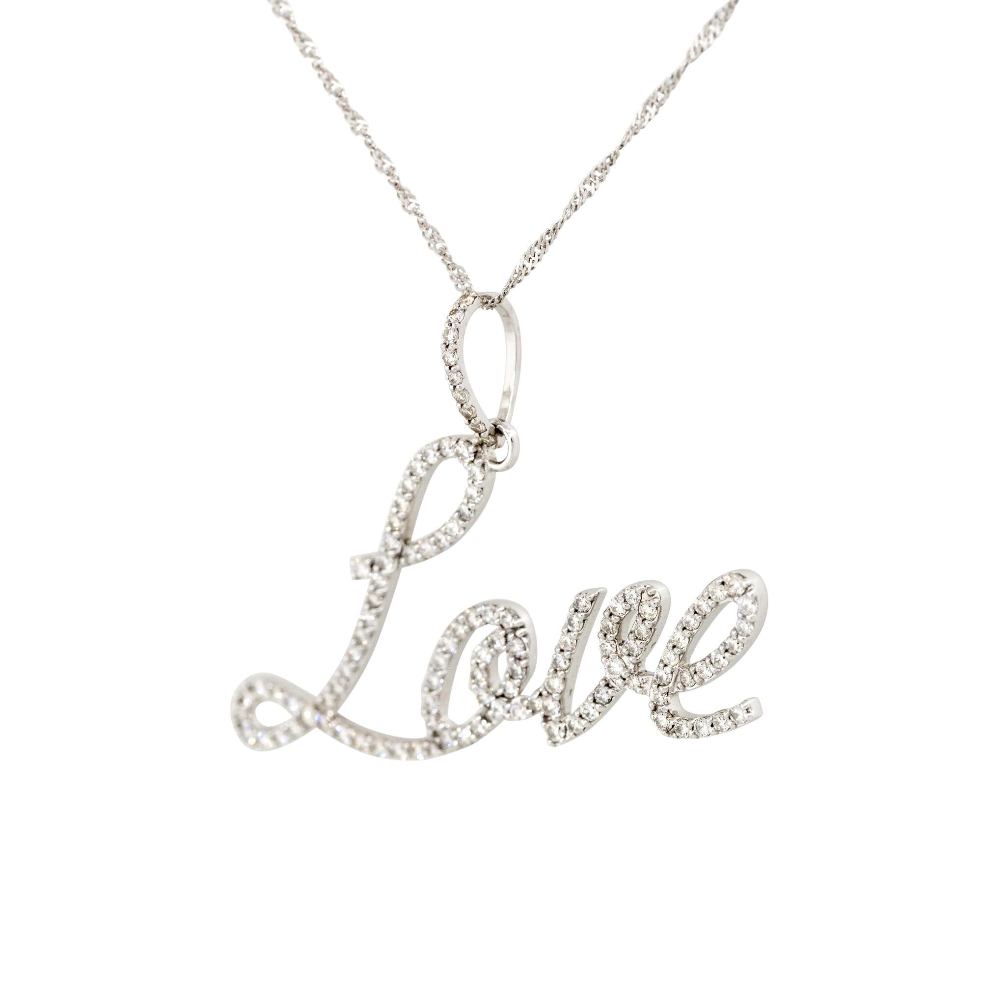 Round Cut 1.25 Carat Diamond Script Love Pendant Necklace 14 Karat In Stock For Sale