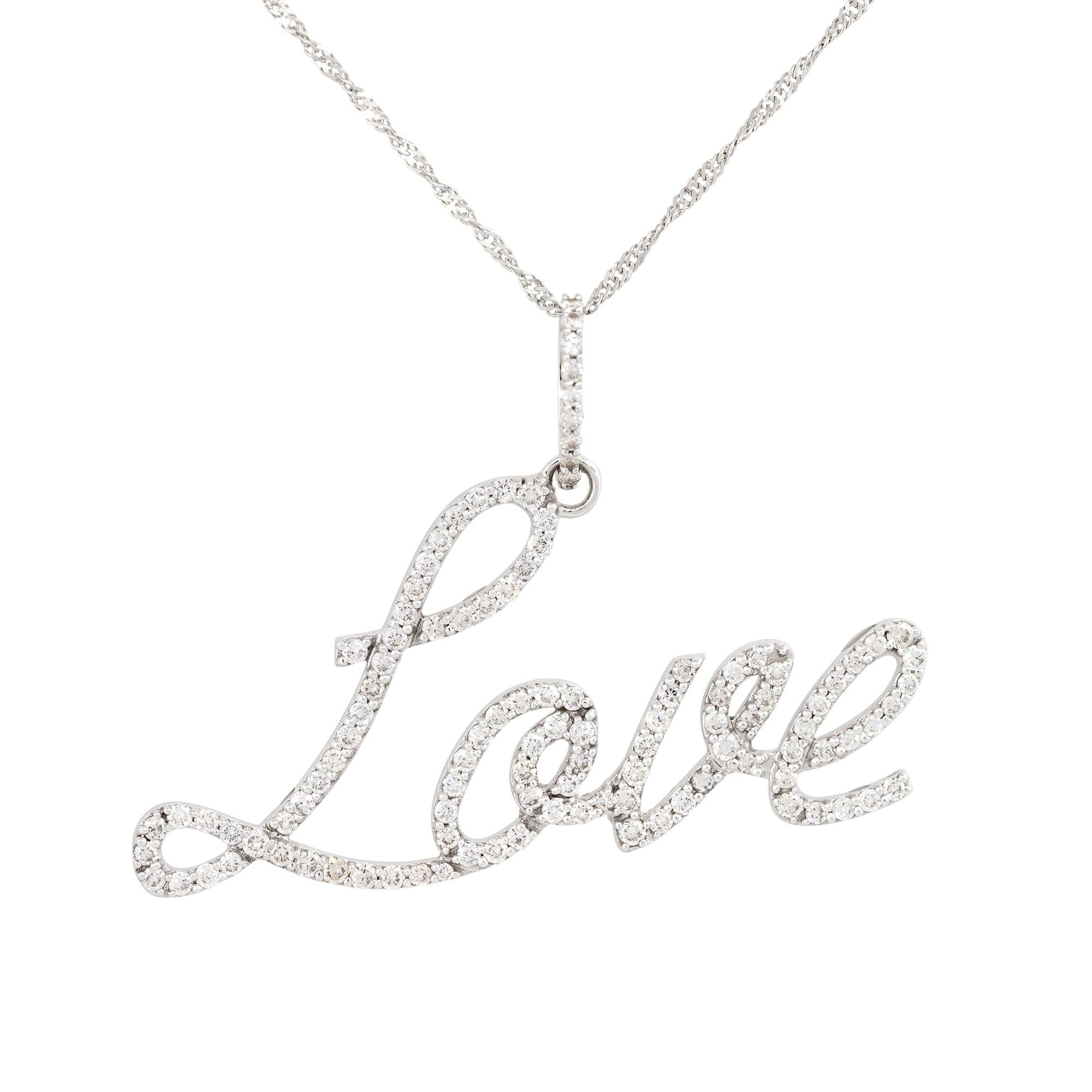 1.25 Carat Diamond Script Love Pendant Necklace 14 Karat In Stock In Excellent Condition For Sale In Boca Raton, FL
