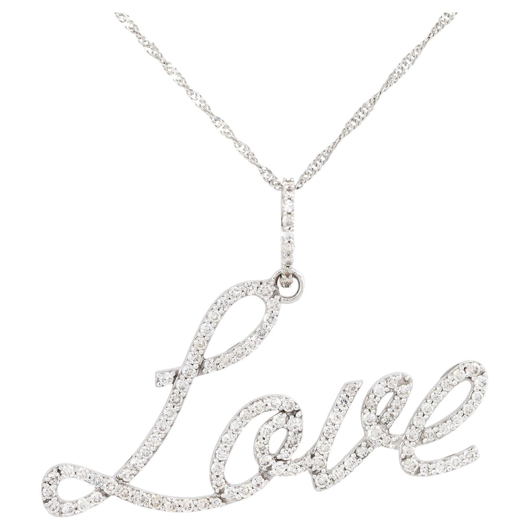 1.25 Carat Diamond Script Love Pendant Necklace 14 Karat In Stock For Sale