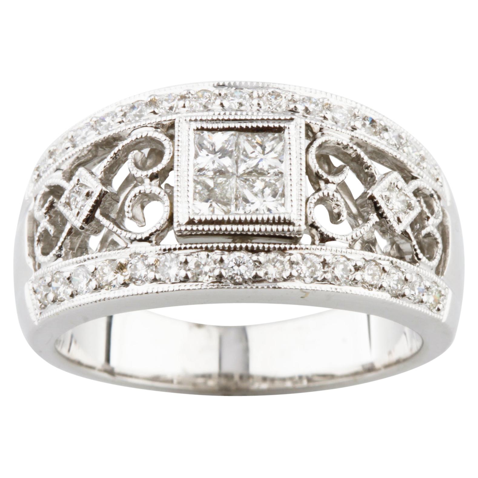 Bague à anneau en or blanc avec diamants de 1,25 carat de couleur milgrain en vente