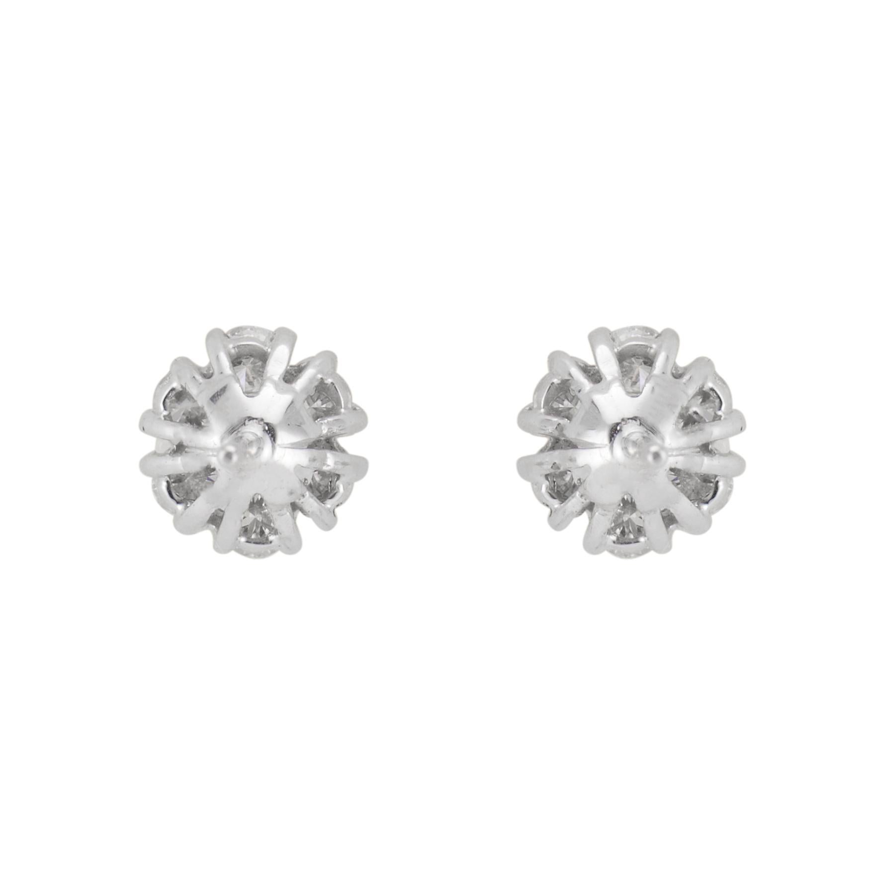 Round Cut 1.25 Carat Diamond White Gold Flower Stud Earrings For Sale
