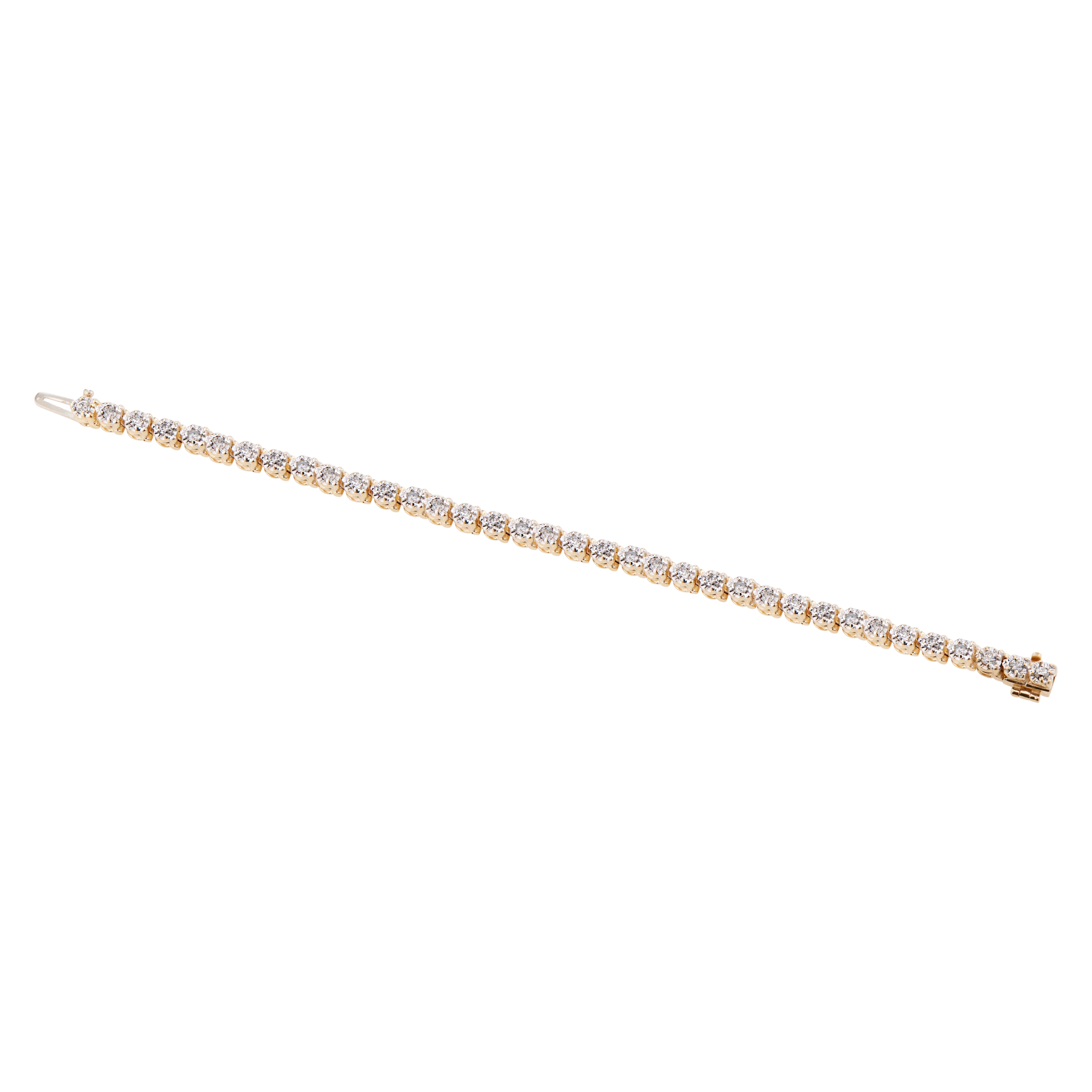 Ladies diamond hinged link tennis bracelet. 41 round diamonds set in 14k gold with built in hidden catch and underside safety. 7 inches long. 

41 round brilliant cut diamonds, H-I I approx. 1.25cts
14k yellow gold 
Stamped: 14k
13.6 grams
Bracelet: