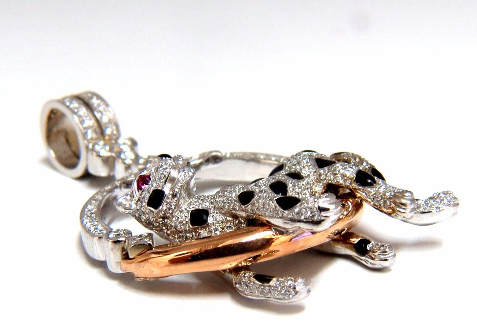 Women's or Men's 1.25 Carat Diamonds Resting Panther Circle Pendant 18 Karat Enamel