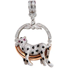 1.25 Carat Diamonds Resting Panther Circle Pendant 18 Karat Enamel