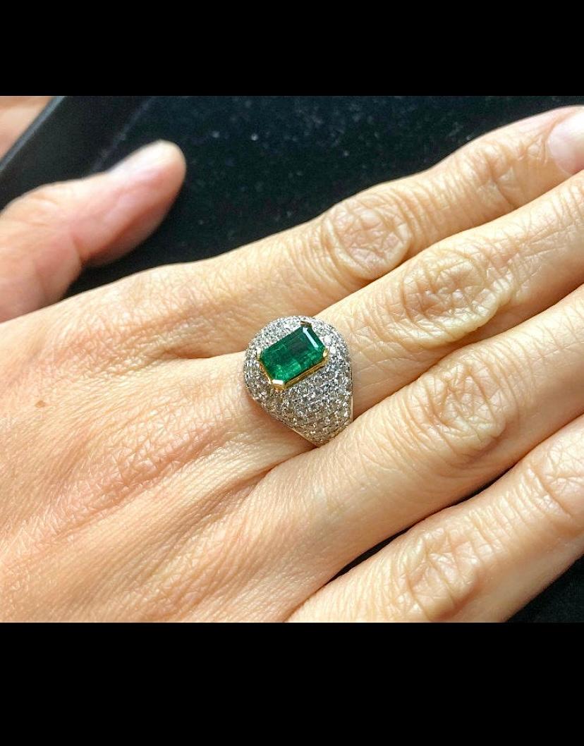 Art Deco 1.25 Carat Emerald Cut Emerald and White Diamond Cluster Ring in 18k White Gold For Sale