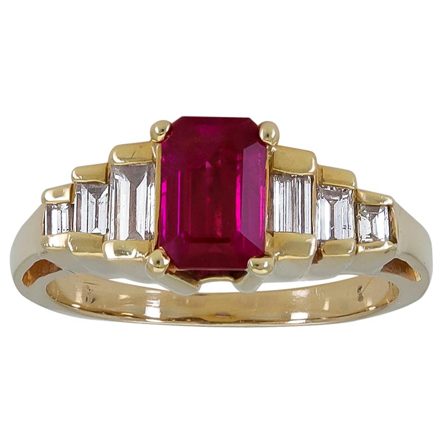 1.25 Carat Emerald Cut Ruby and Diamond Side-Stone Engagement Ring For Sale