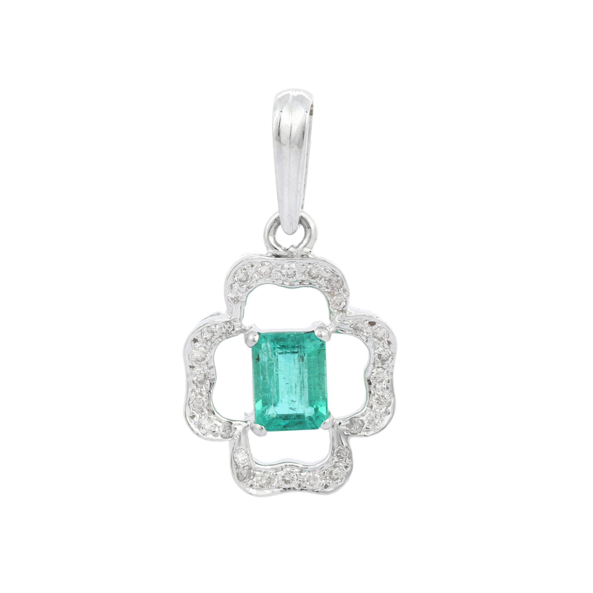 Modern 1.25 Carat Emerald Floral Diamond Pendant in 18K White Gold For Sale