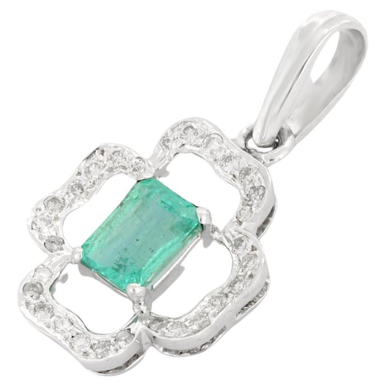 1.25 Carat Emerald Floral Diamond Pendant in 18K White Gold For Sale at