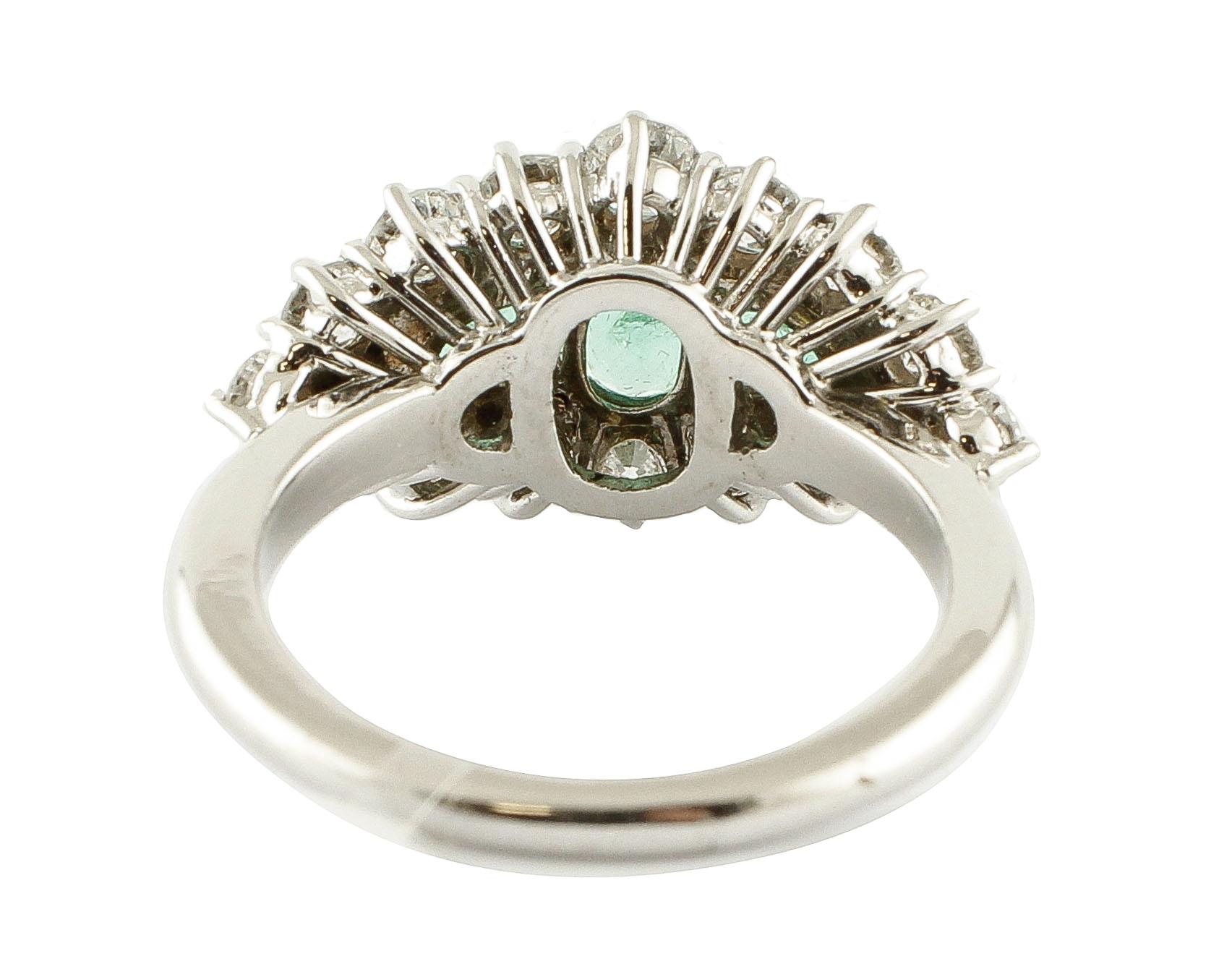 Retro 1.25 Carat Emeralds 1.72 Carat White Diamonds White Gold Ring For Sale