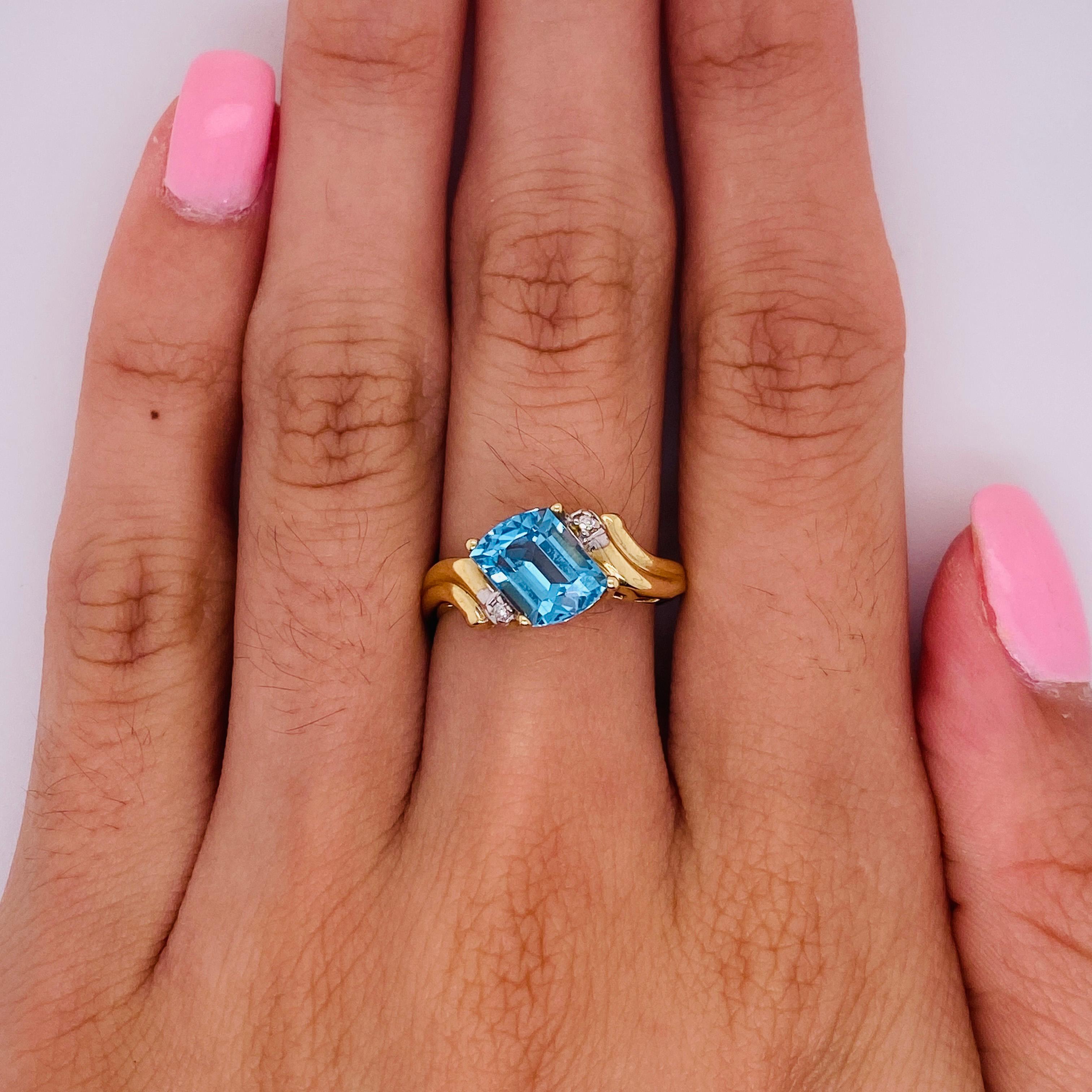 Surprise your December loved one with a ring as special and unusual as they are! This beautiful bypass ring features a fancy cut 1.25 carat bright blue topaz with diamond accents. Blue topaz is one of December's birthstones. Honor a special someone