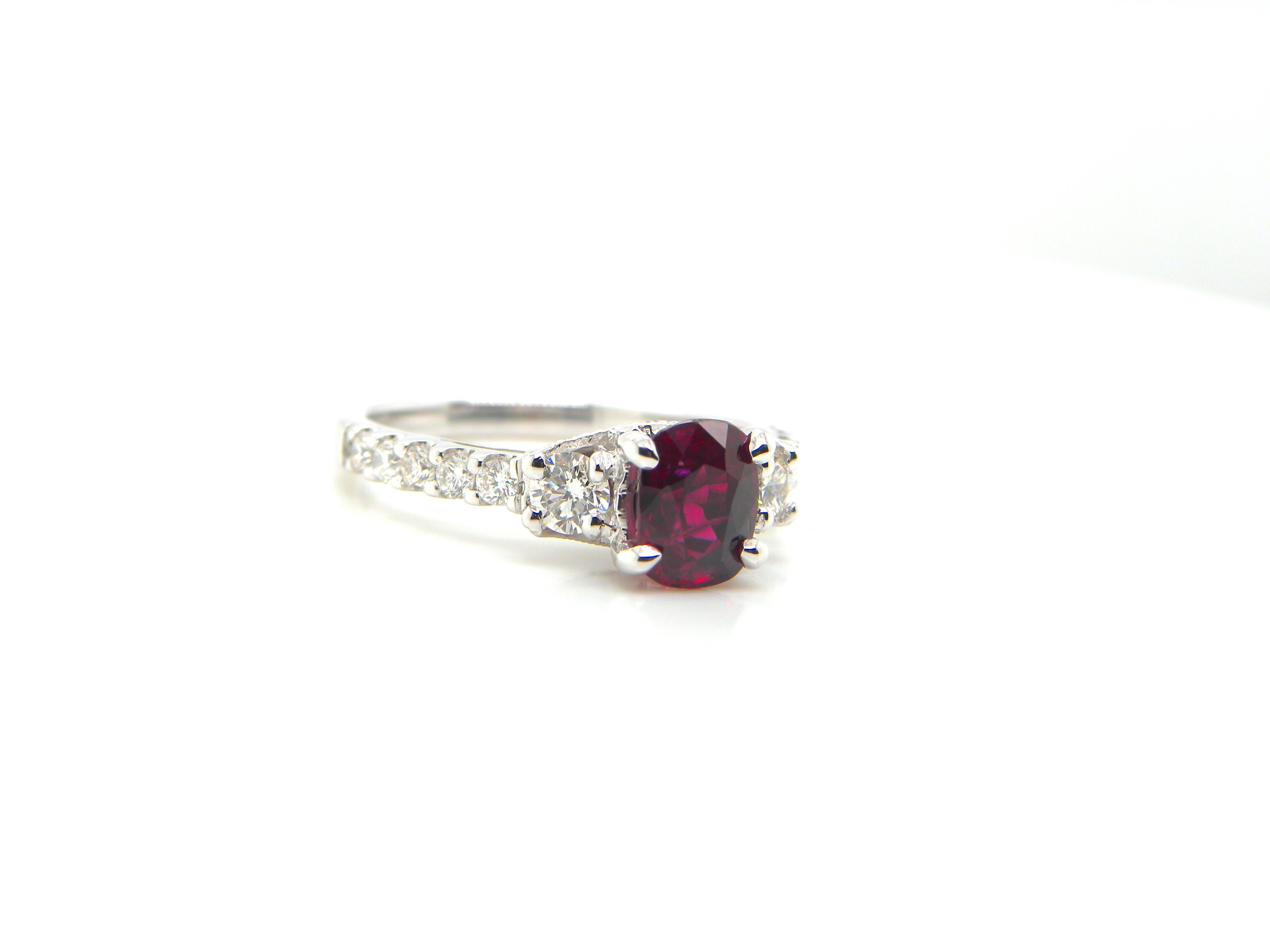 Modern 1.25 Carat GRS Certified Vietnam No Heat Pigeon's Blood Red Ruby Diamond Ring