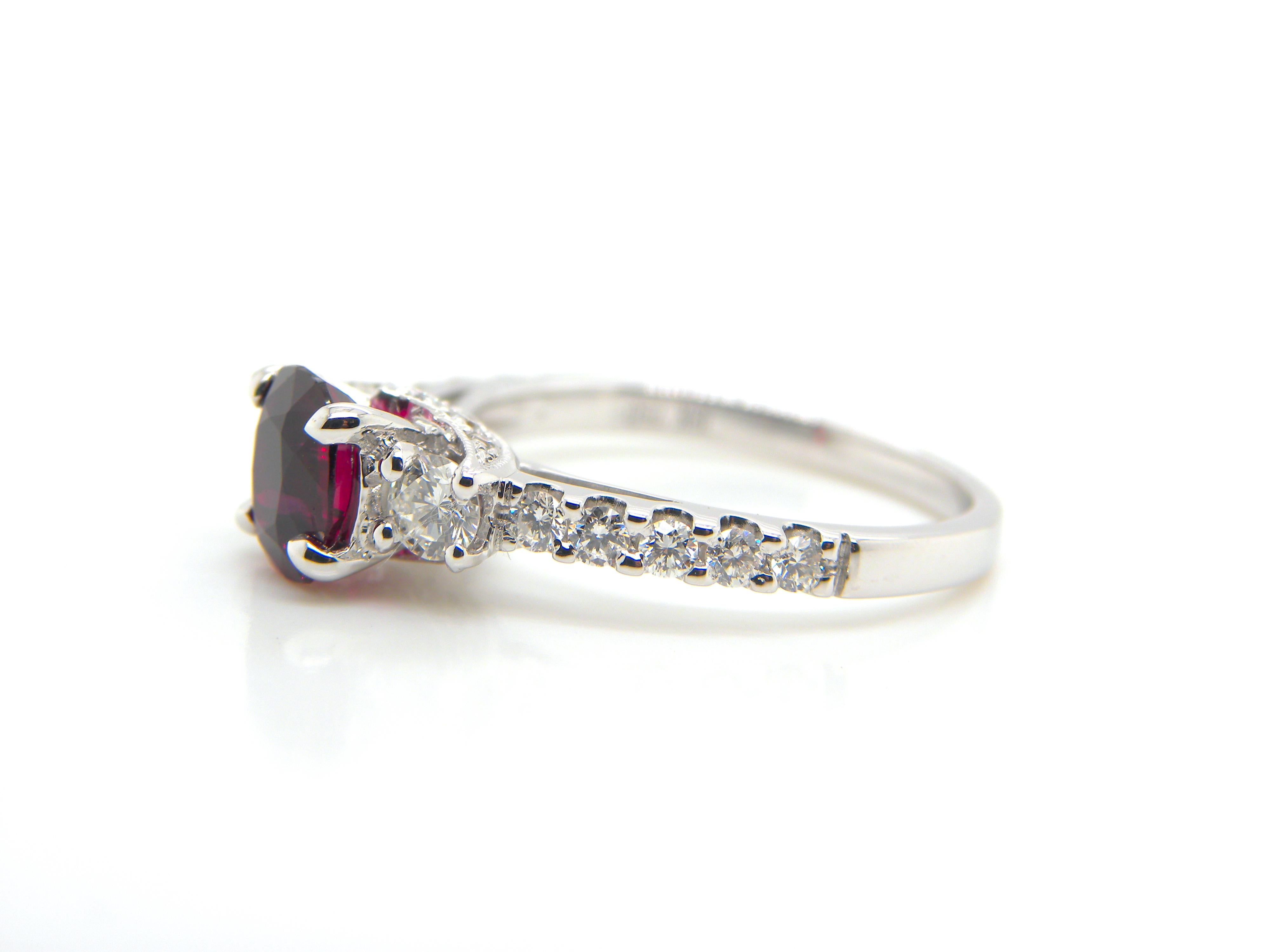 Women's or Men's 1.25 Carat GRS Certified Vietnam No Heat Pigeon's Blood Red Ruby Diamond Ring
