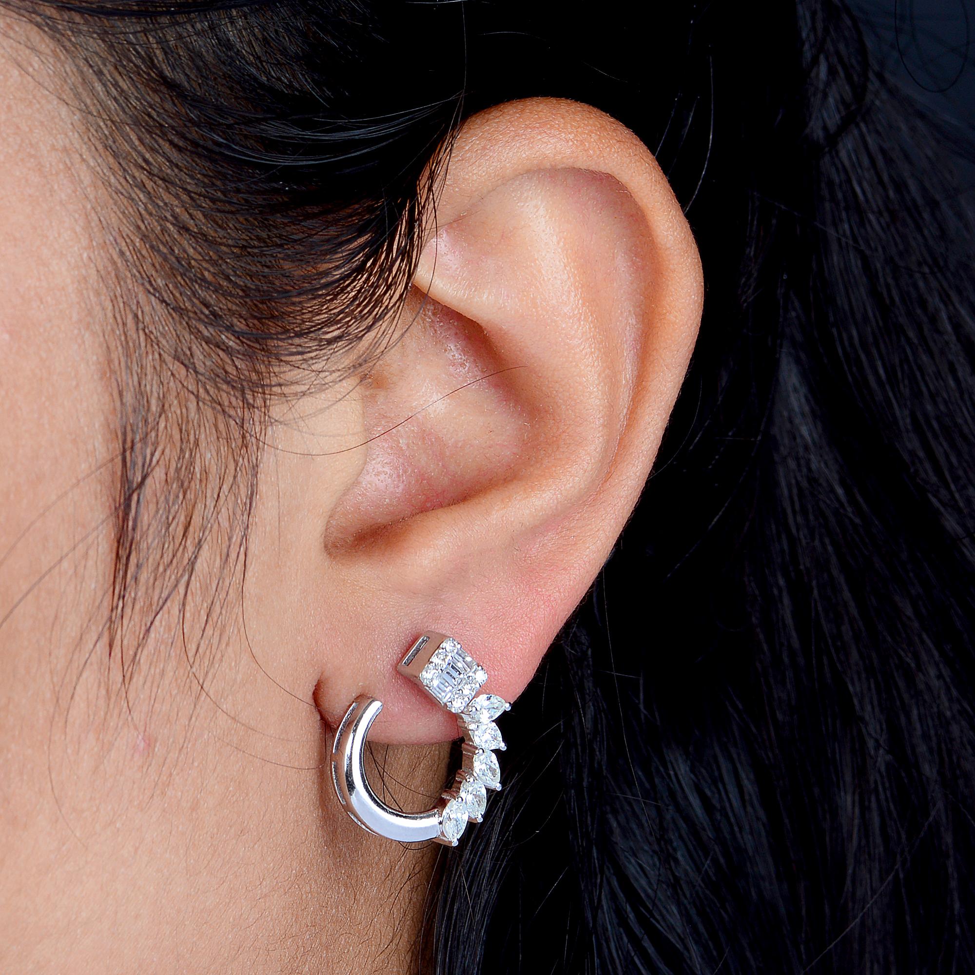 Women's 1.25 Carat Marquise Baguette Diamond Minimalist Stud Earrings 14k White Gold For Sale
