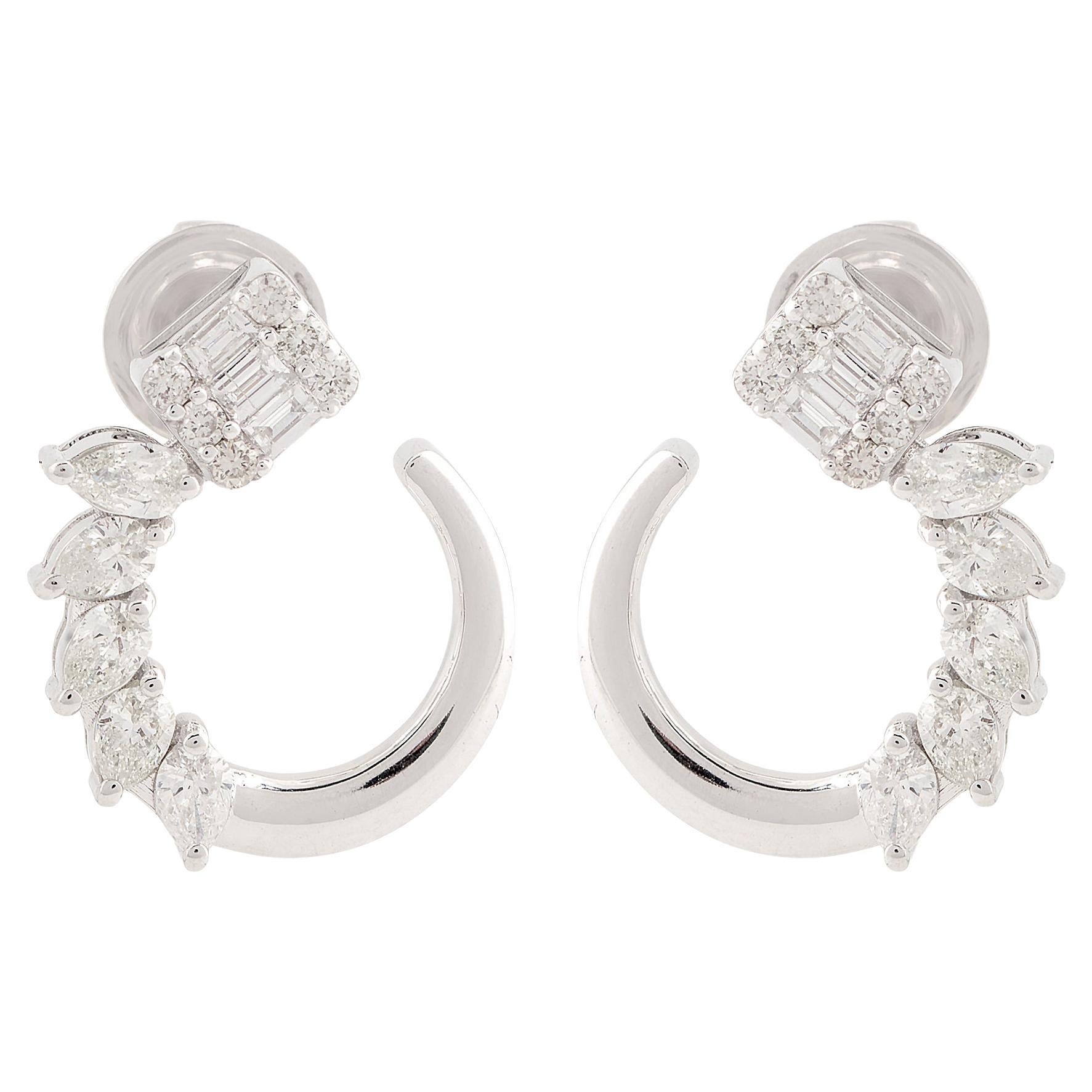 1.25 Carat Marquise Baguette Diamond Minimalist Stud Earrings 18k White Gold For Sale