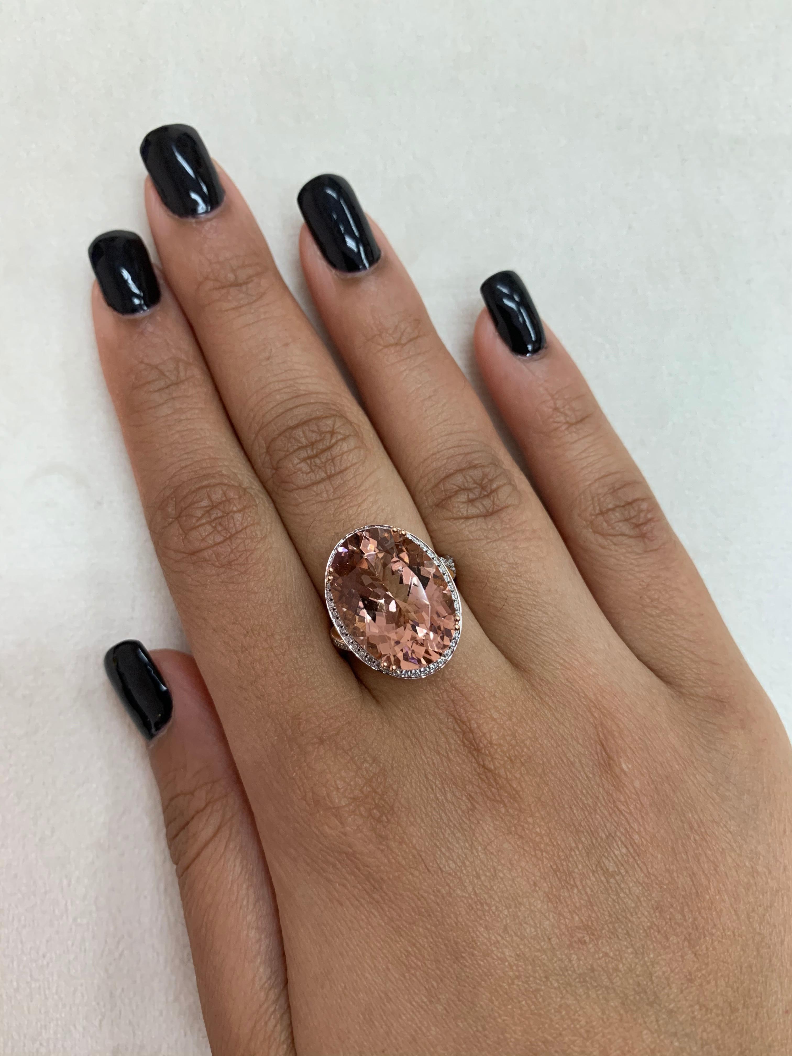 This collection features an array of magnificent morganites! Accented with diamonds these rings are made in rose gold and present a classic yet elegant look. 

Classic morganite ring in 18K rose gold with diamonds. 

Morganite: 12.51 carat oval