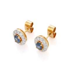 1.25 Carat Natural Blue Sapphire Diamond Halo Stud Earrings in 18K Yellow Gold