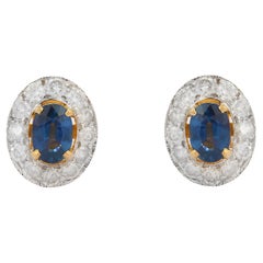 1.25 Carat Natural Blue Sapphire Diamond Halo Stud Earrings in 18K Yellow Gold