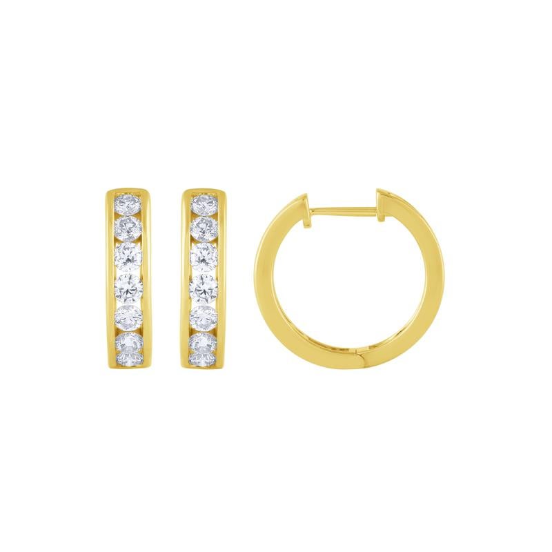 Round Cut 1.25 Carat Natural Diamond Channel Hoop Earrings G SI 14K Yellow Gold 18mm For Sale