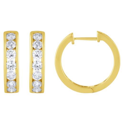 1.25 Carat Natural Diamond Channel Hoop Earrings G SI 14K Yellow Gold 18mm For Sale
