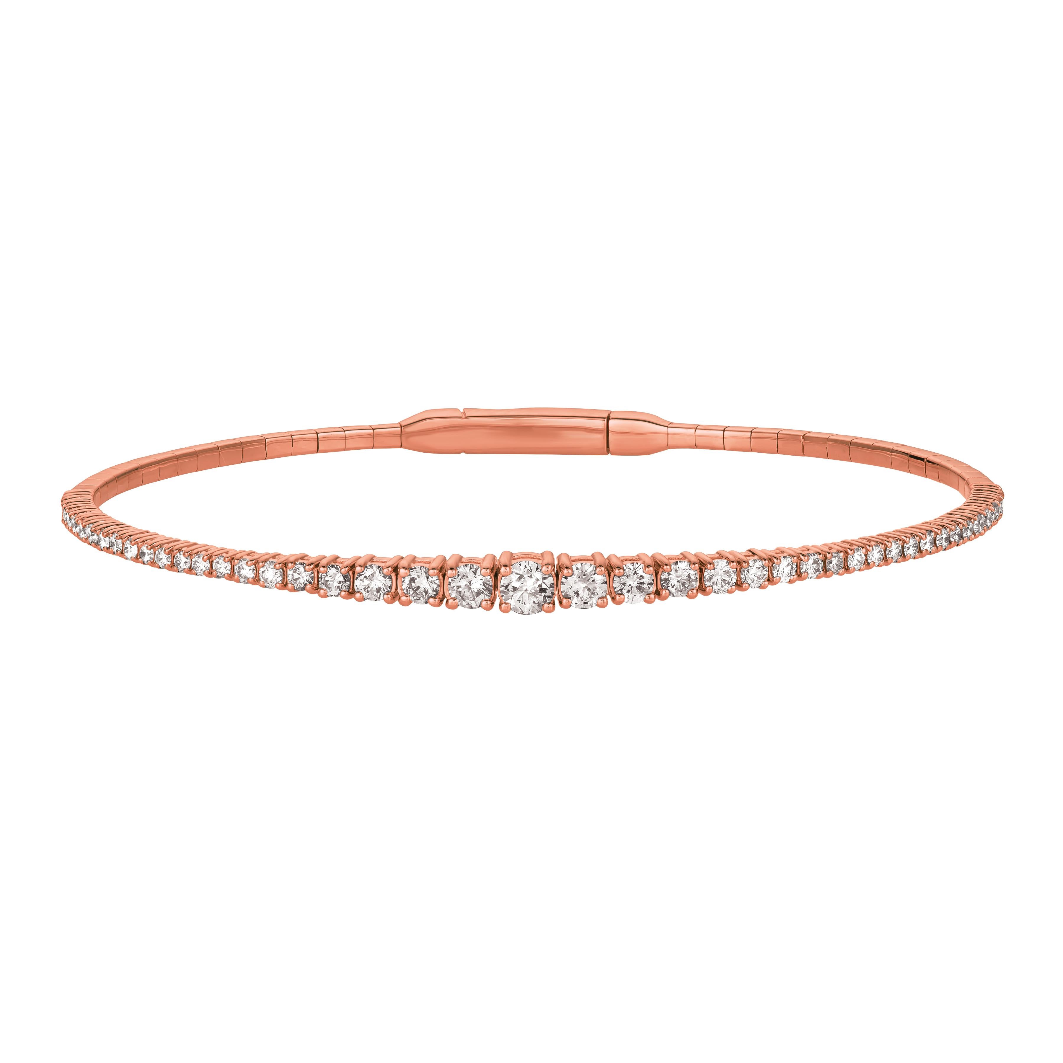Round Cut 1.25 Carat Natural Diamond Flexible Tennis Bracelet G SI 14 Karat Rose Gold For Sale