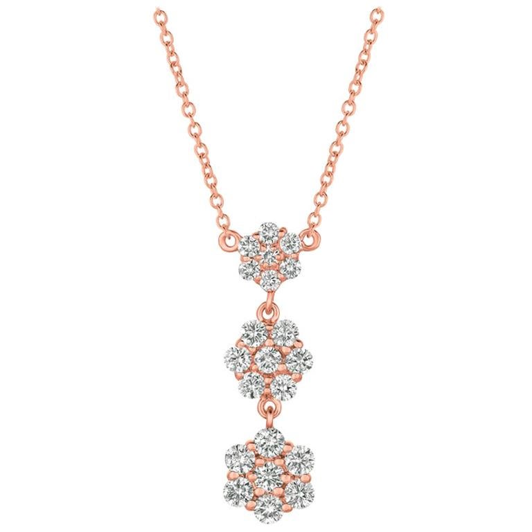 1.25 Carat Natural Diamond Flower Drop Necklace 14 Karat Rose Gold G SI For Sale