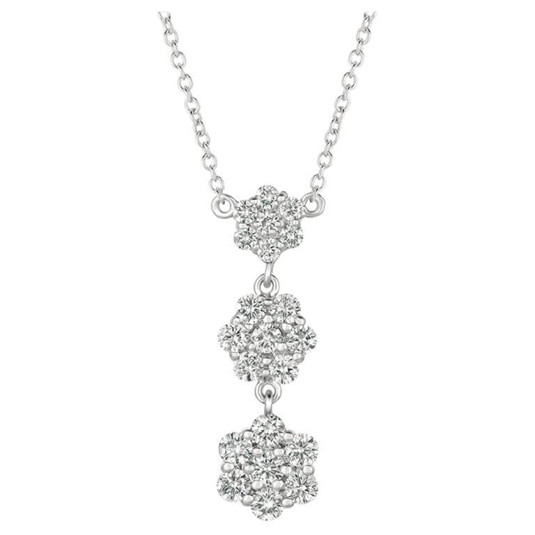 1.25 Carat Natural Diamond Flower Drop Necklace 14 Karat White Gold G SI For Sale
