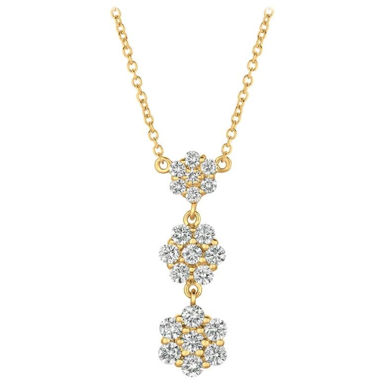 1.25 Carat Natural Diamond Flower Drop Necklace 14 Karat Yellow Gold G SI For Sale