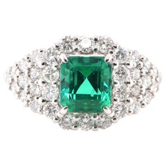 1.25 Carat Natural Emerald and Diamond Ring Set in Platinum