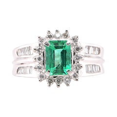 1.25 Carat Natural Emerald and Diamond Ring Set in Platinum