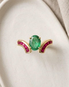 1.25 Carat Natural Emerald Solitaire Ring with Invisible Set Ruby 14K Gold Ring