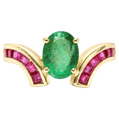 1.25 Carat Natural Emerald Solitaire Ring with Invisible Set Ruby 14K Gold Ring