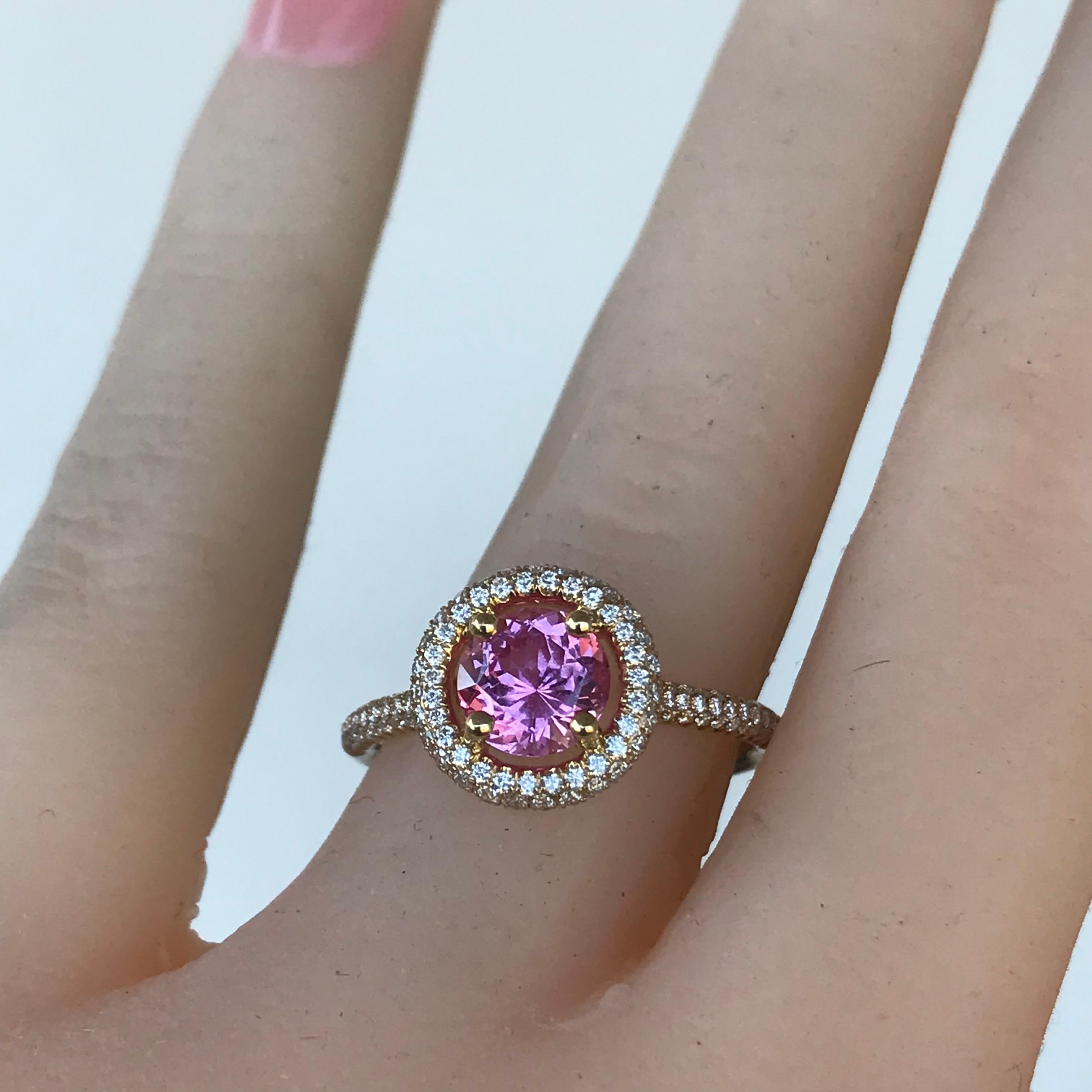 Round Cut 1.25 Carat Natural Fancy Pink Sapphire and Diamond Ring For Sale