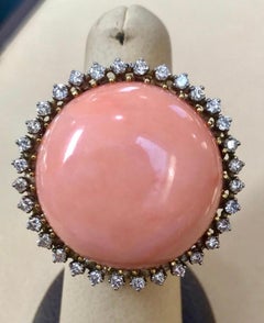 125 Carat Natural Pink Round Coral and Diamond Cocktail Ring 18 Karat Gold